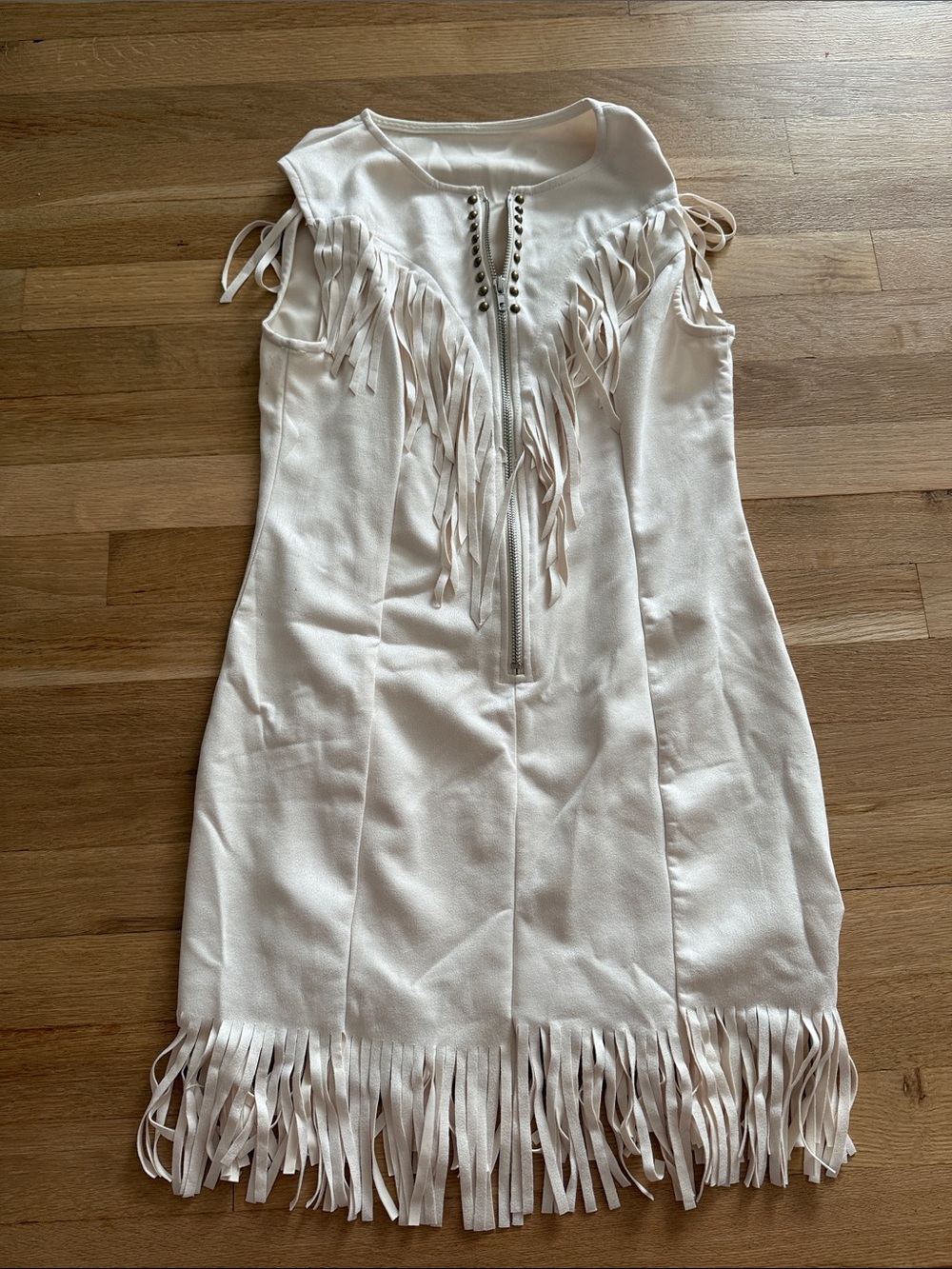 Sleeveless Fringe Mini Dress with Front Zip - Cream